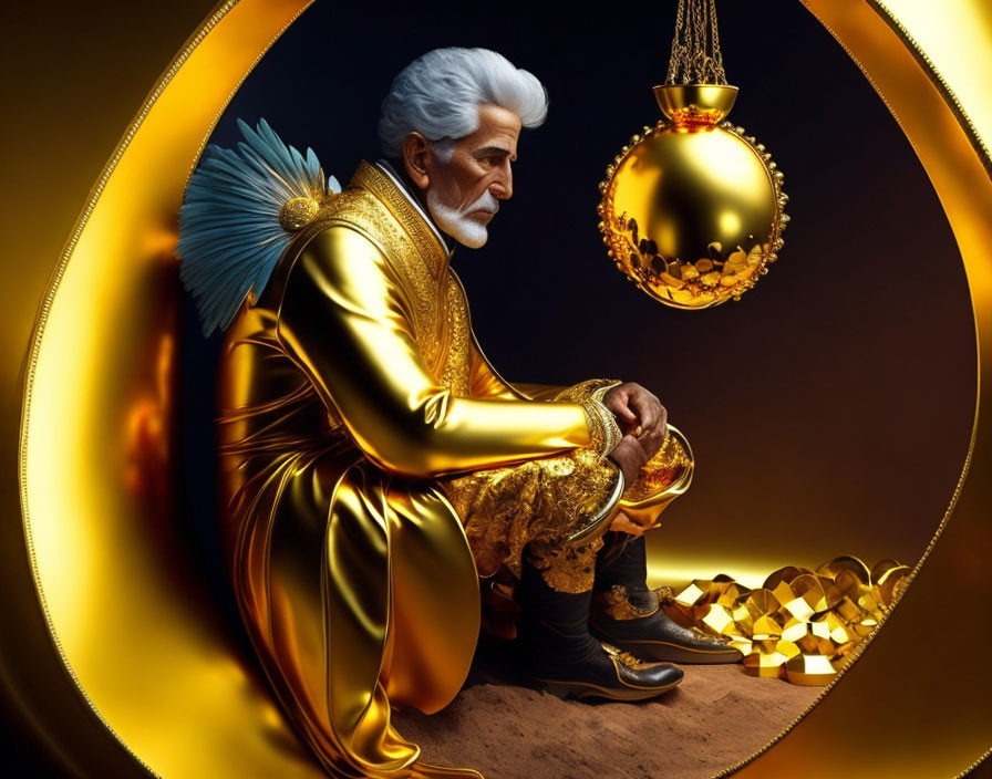 Elderly man in gold suit with orb, gold coins, dark background