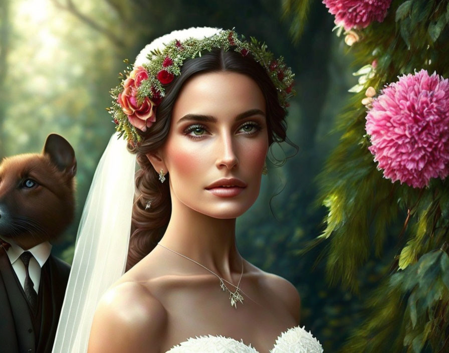 Bride with floral crown and veil, soft makeup, necklace, and dog outdoors