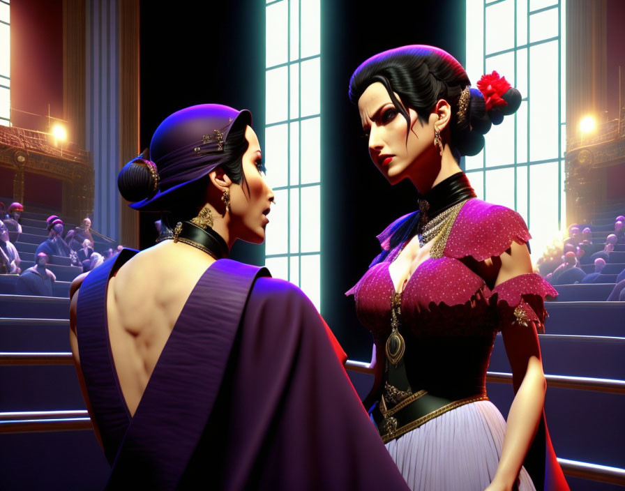 Animated female characters in elegant attire conversing in theater setting.