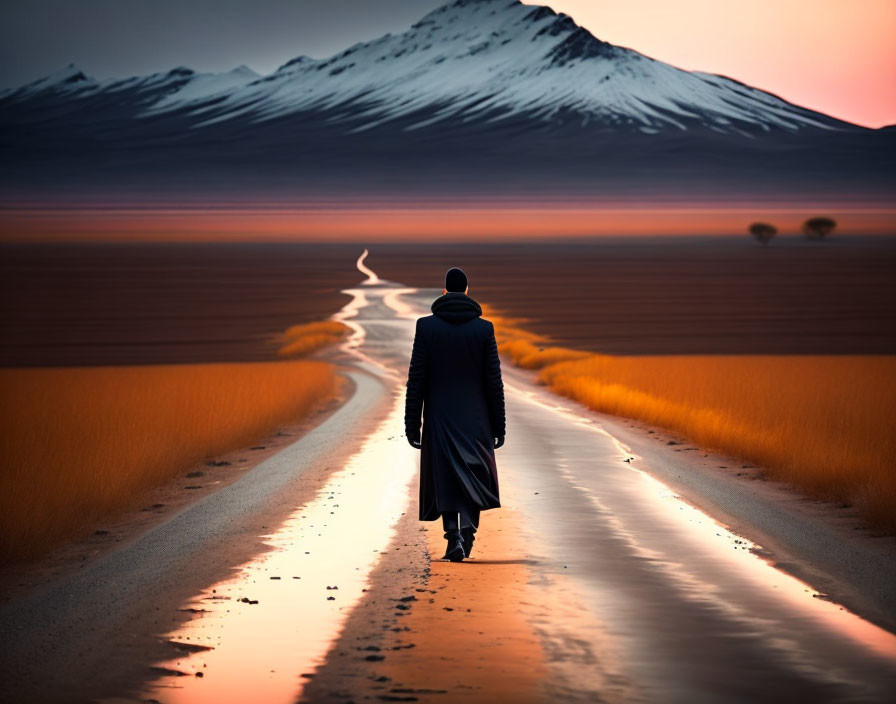 Solitary figure walking on winding road with snowy mountain backdrop at sunrise or sunset