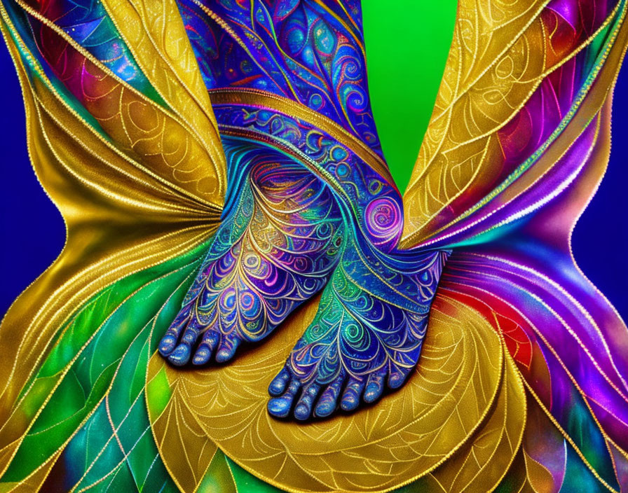 Detailed digital art: Peacock feathers merging into human feet on colorful background