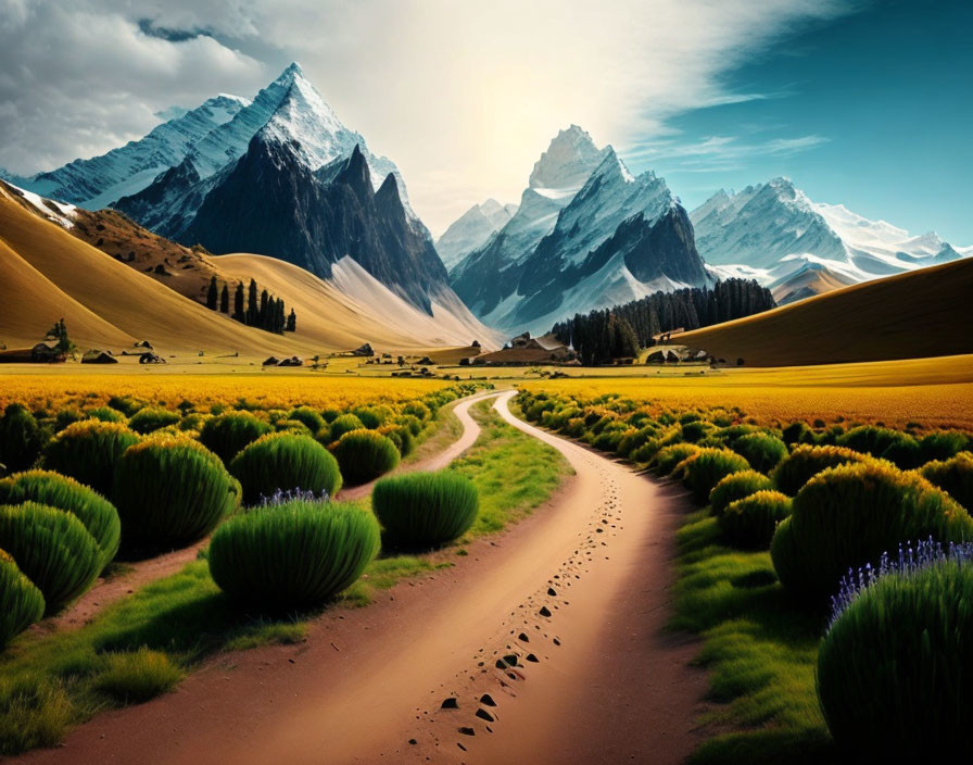 Scenic dirt path through vibrant landscape with mountains