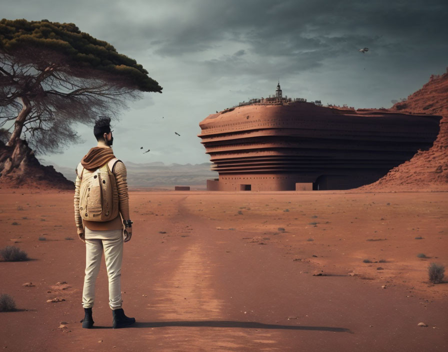 Backpacker looking at futuristic circular building in desert landscape