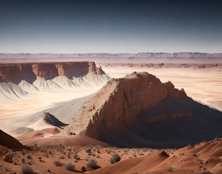 Sandstone formations in arid desert landscape under blue sky