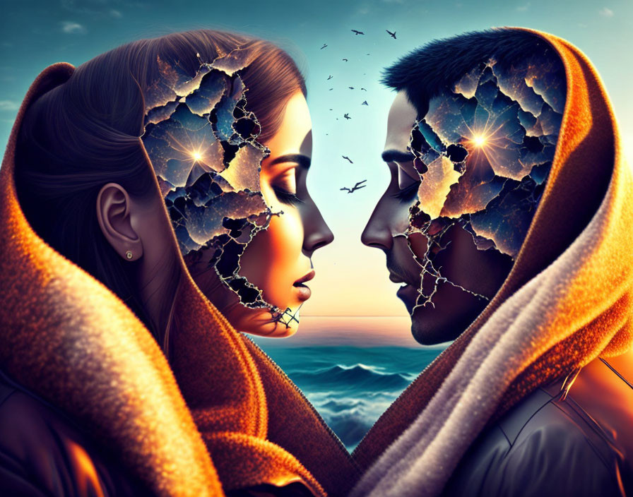 Man and woman profiles cracking like porcelain with sunset and birds.