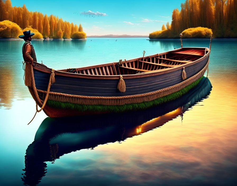 Tranquil lake scene with person by wooden boat and autumn trees