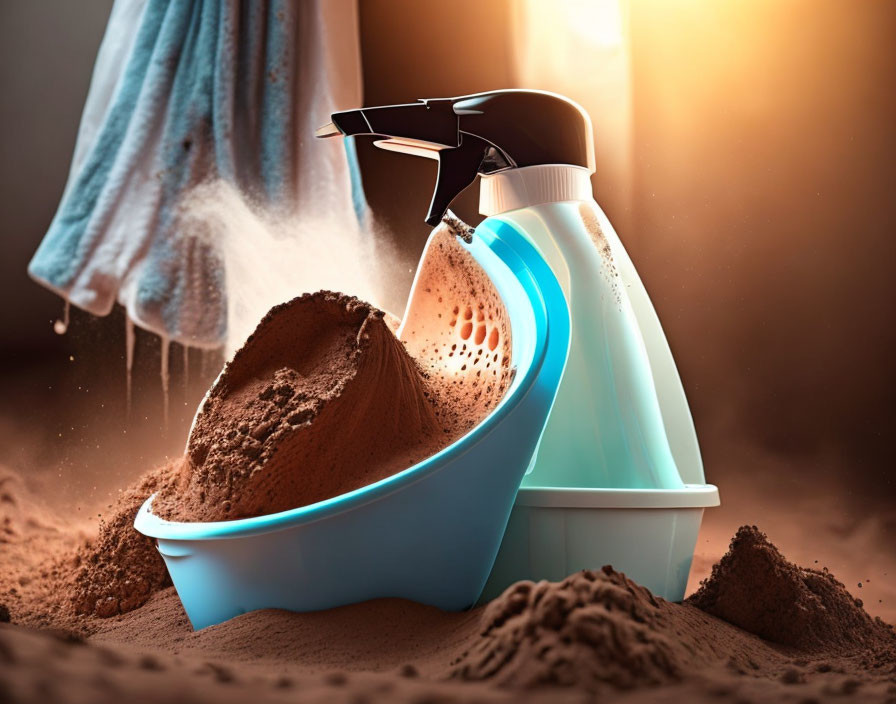 Spray Bottle, Blue Dustpan, and Dirt Pile on Sunlit Dusty Background