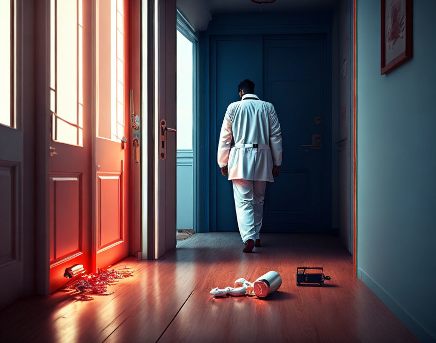 Man in white coat with toy robot and spilled marbles in sunlight.