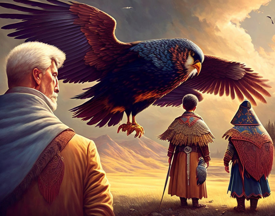 Fantasy characters admire eagle in dramatic sky