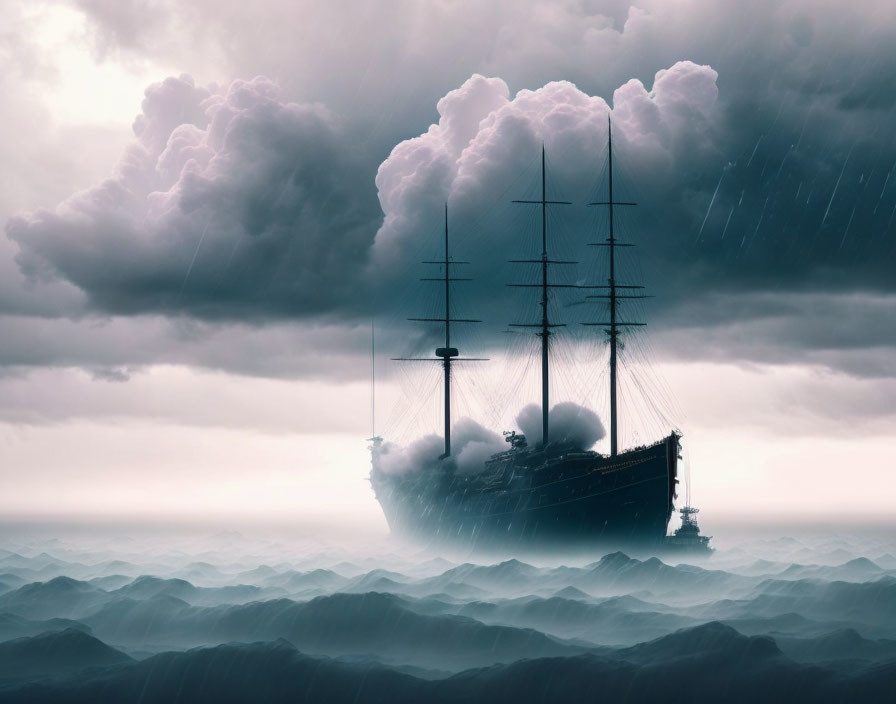 Sailing ship in stormy seas with dramatic sky and rain