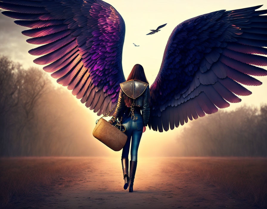 Colorful angel wings woman walking to misty forest path at dusk