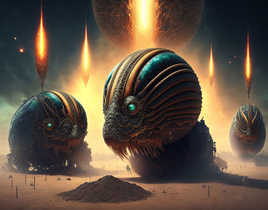 Surreal artwork: Alien spheres, meteors, desert landscape