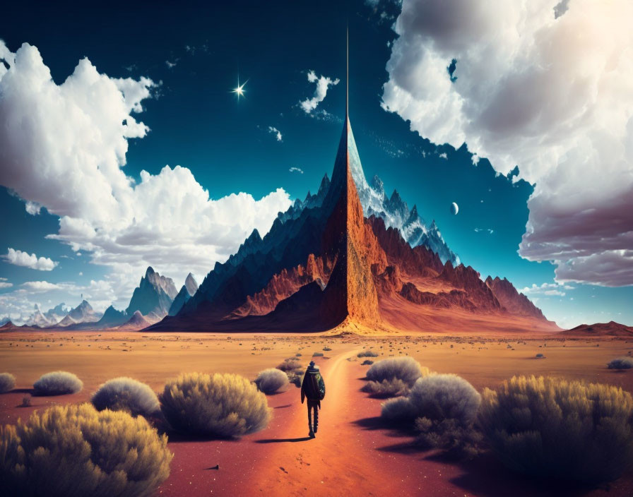 Person walking towards sharp mountain in surreal desert landscape with starry sky