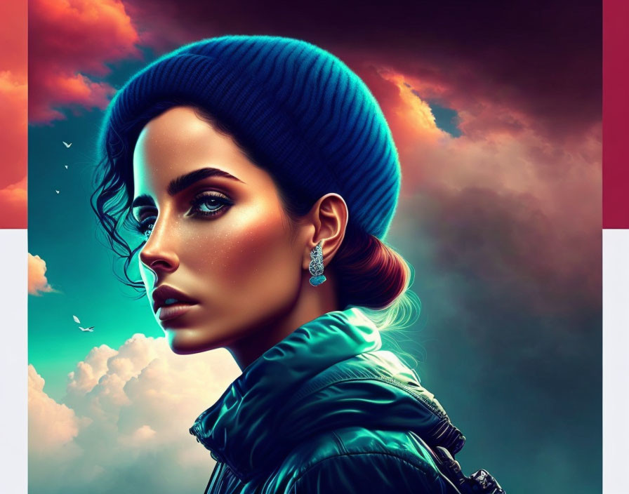 Digital artwork: Woman with blue eyes, blue beanie, green jacket, vibrant red and blue clouds