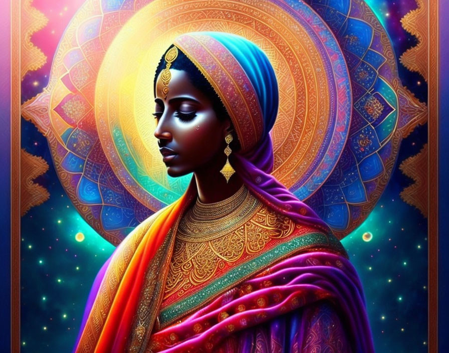 Illustration of woman in traditional Indian attire against cosmic backdrop