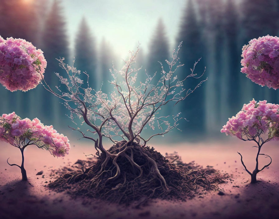 Enchanting landscape with barren and blooming trees