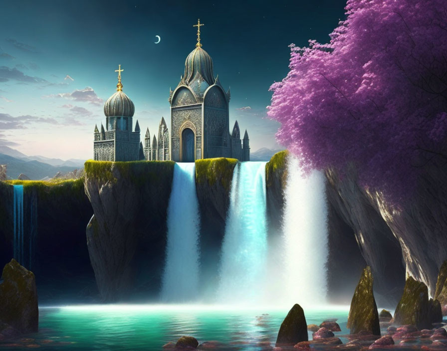 Fantastical cathedral on cliff between waterfalls under twilight sky with crescent moon beside blooming purple