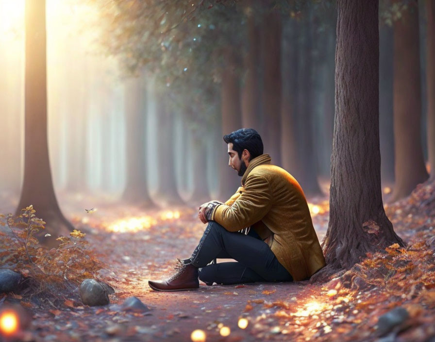 Man in Yellow Jacket Sitting on Autumn Forest Path