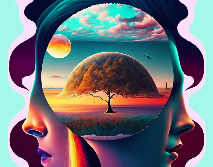 Colorful digital artwork: Two silhouetted profiles and surreal landscape