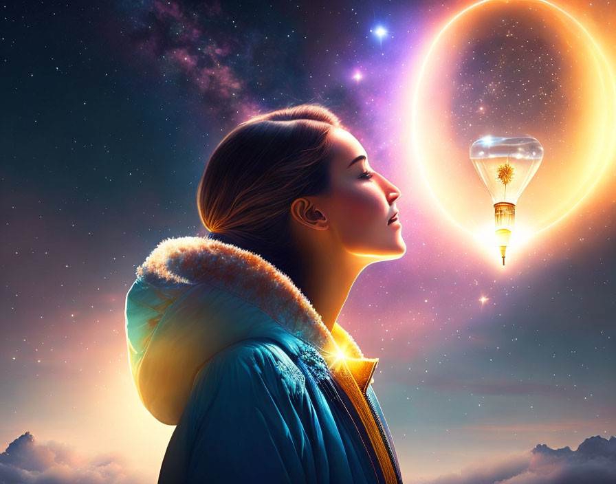 Woman in Blue Jacket Gazes at Glowing Light Bulb Airship in Cosmic Setting