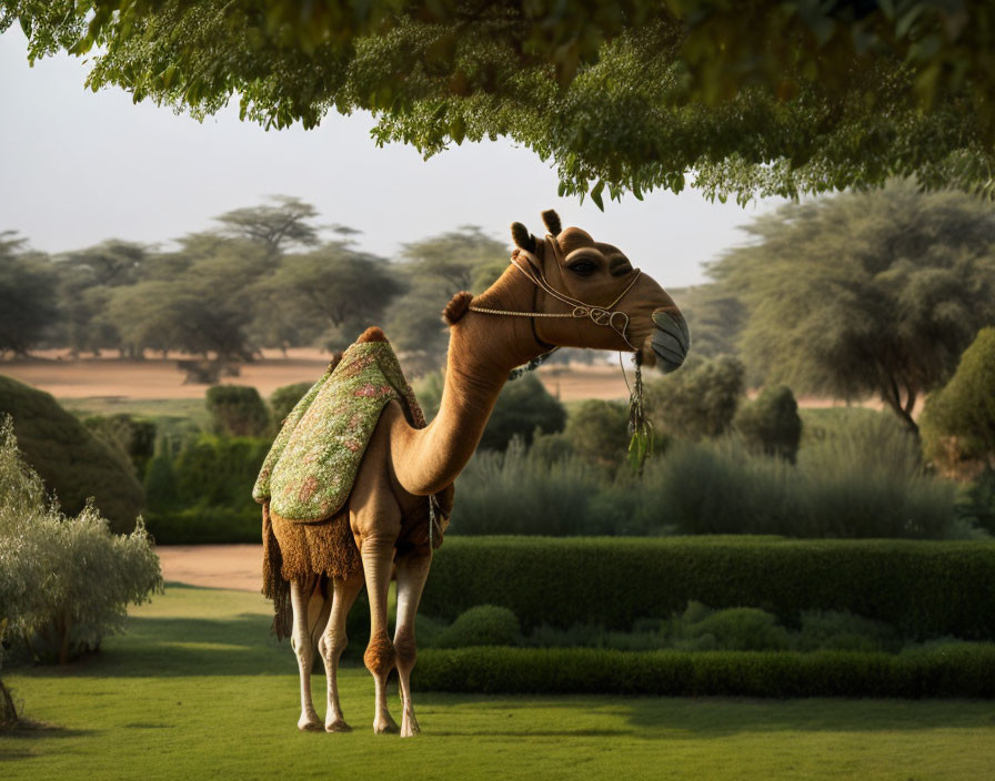 Colorful Saddle Camel Grazing in Lush Greenery