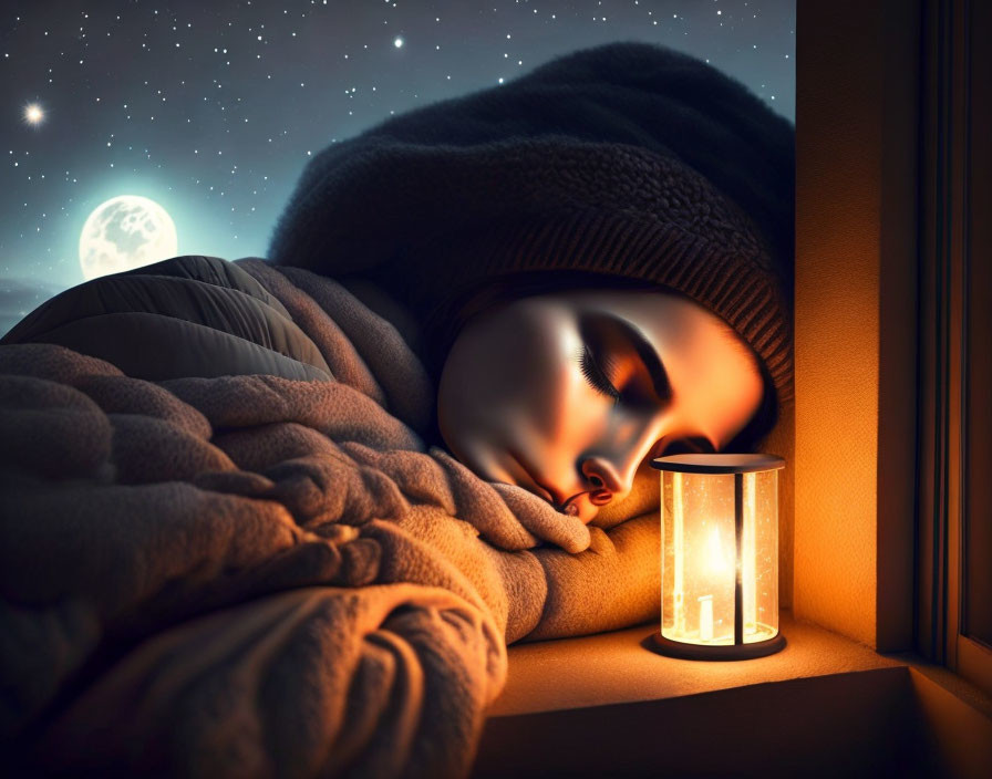 Person in beanie sleeps by window under full moon