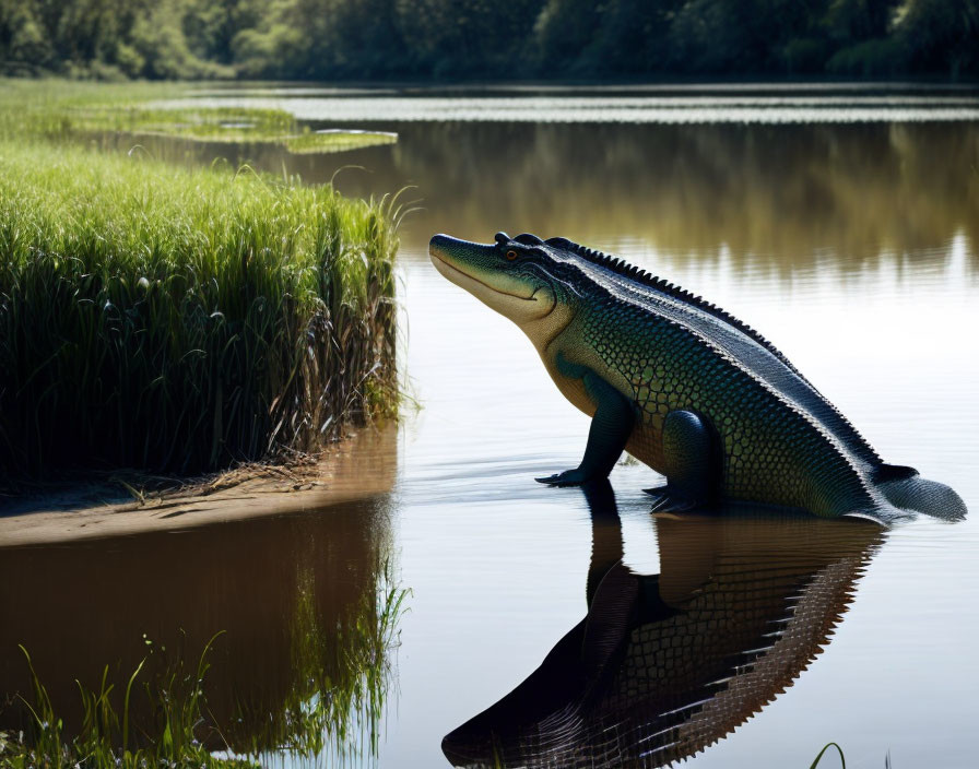 Realistic Gator Model by Tranquil Lake with Reflection and Greenery