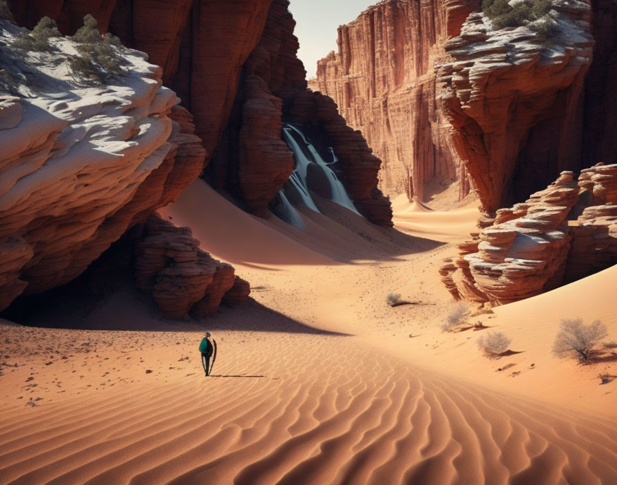 Desert canyon landscape with rippled sand and red cliffs