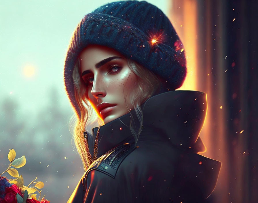 Blonde Woman in Knitted Hat & Black Jacket Artwork