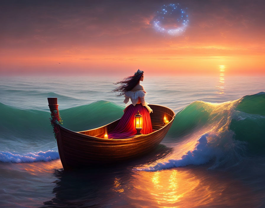 Woman in boat with lantern at sunset, heart-shaped constellation in sky