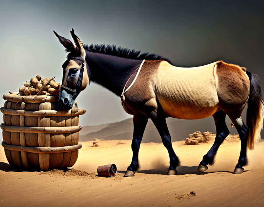 Donkey next to spilled potatoes in desert landscape