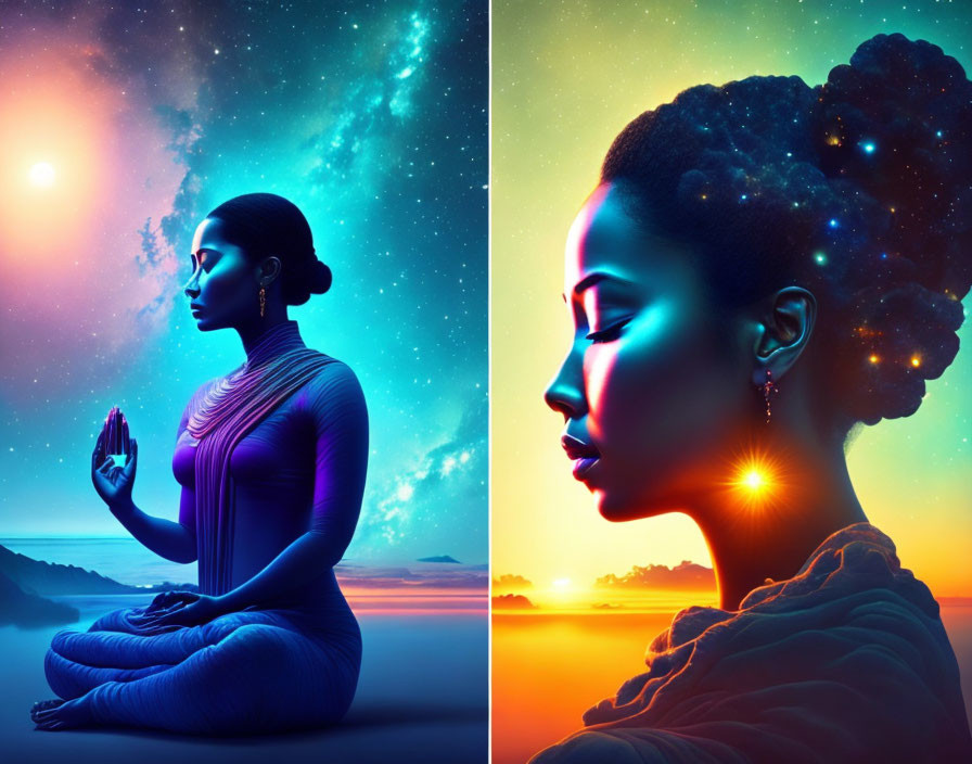 Split-image of woman in meditation with cosmic theme: starry sky on left, galaxy in hair on