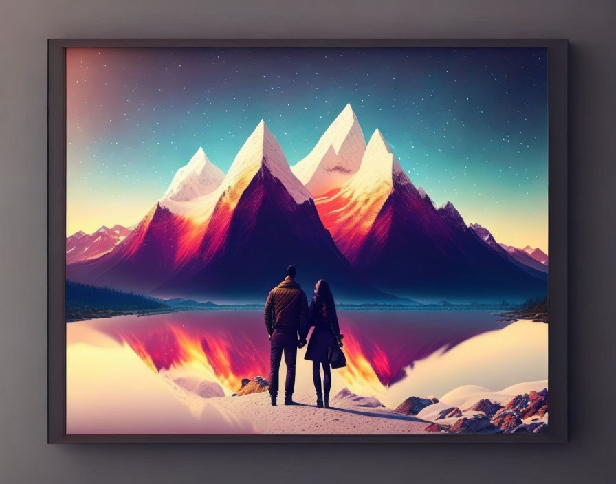 Framed artwork featuring couple in surreal landscape