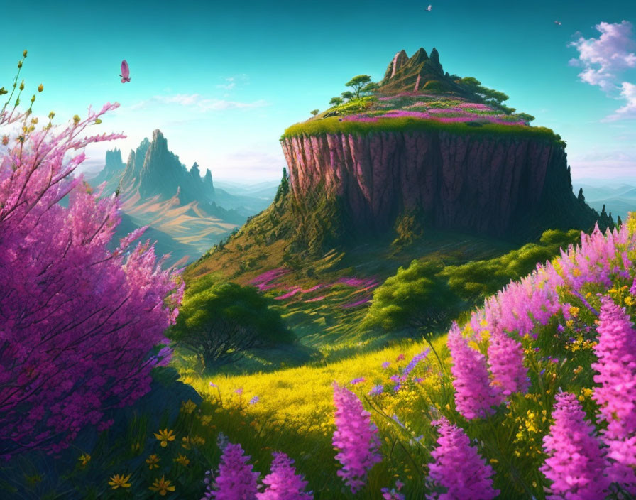 Scenic green plateau with pink flowering trees and mountains under a bright sky