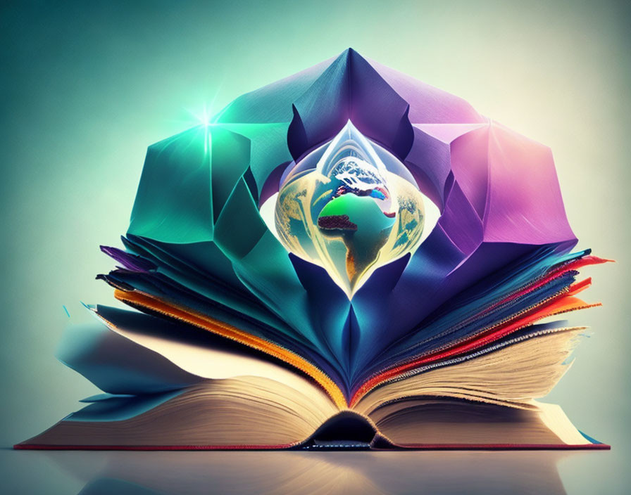 Vibrant open book with colorful pages transforms into iridescent flower around globe