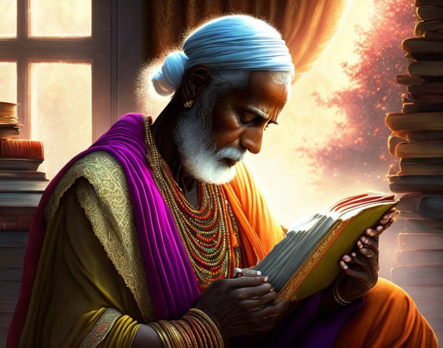 Elderly man in traditional purple and orange attire reading ancient book by window