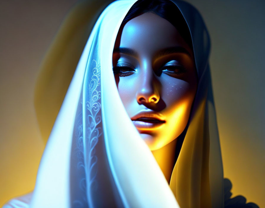 Portrait of woman with white headscarf in warm light and cool shadows