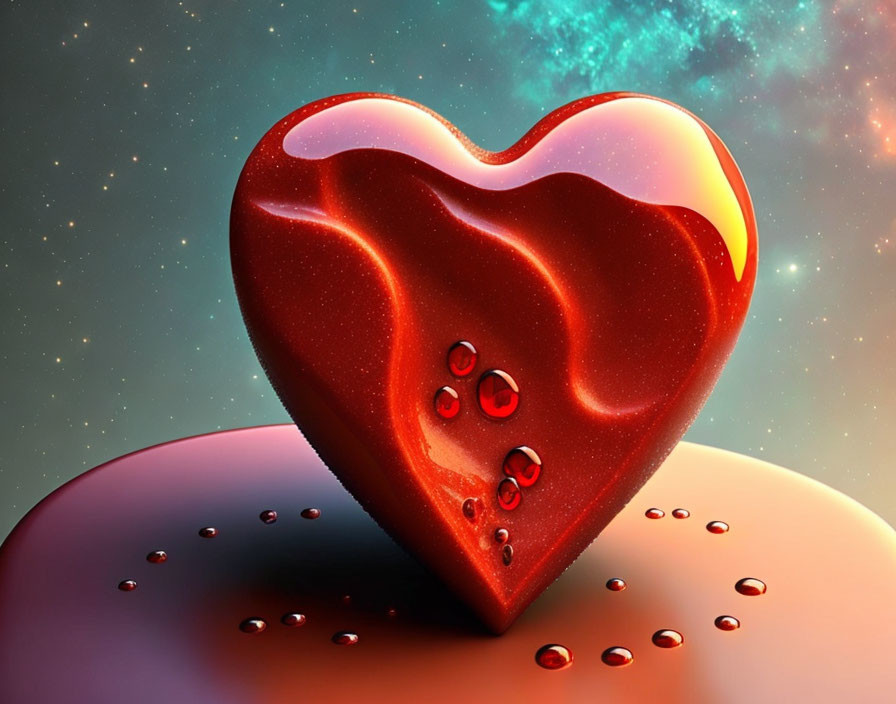 Red Heart with Bubbles on Cosmic Background and Reflective Surface