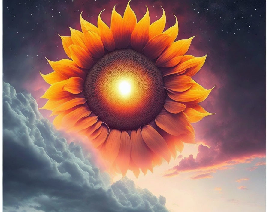 Colorful digital artwork: Oversized sunflower in sunset sky