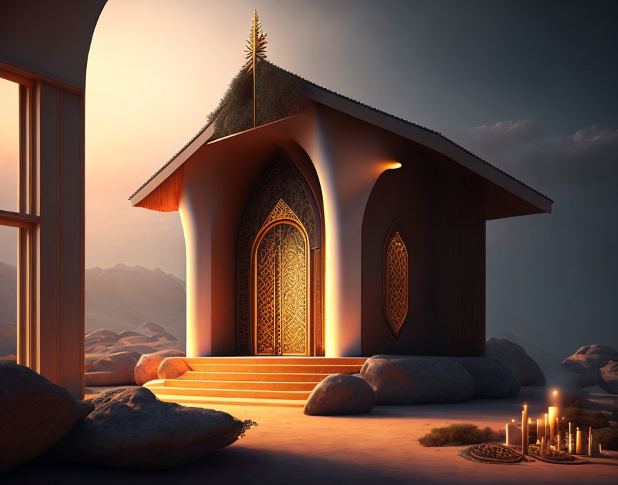 Small ornate structure with pointed roof in dusk setting surrounded by rocks and candles