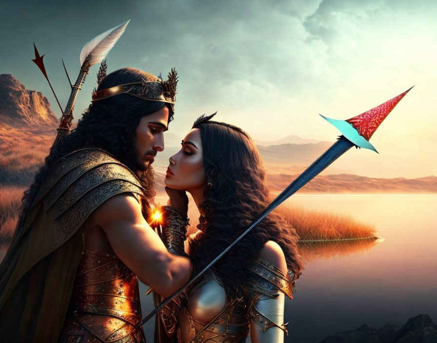 Ancient warrior couple in ornate attire touching foreheads by serene lake at sunset