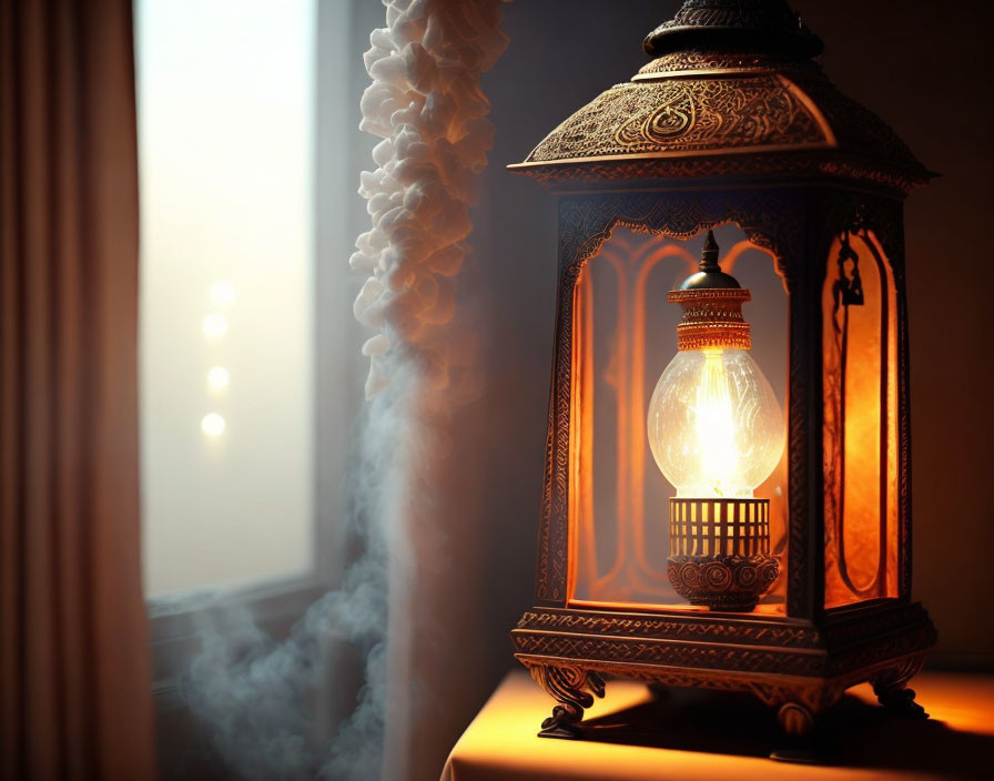 Intricately designed lantern with glowing bulb emits smoke near softly lit window