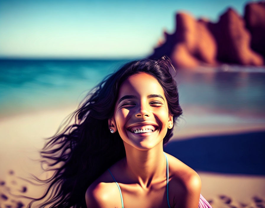 Smiling woman with long hair on sunny beach with blurred cliffs