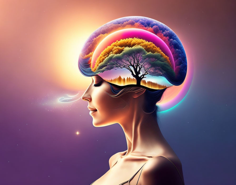 Digital Artwork: Woman in Profile with Surreal Landscape and Tree in Cosmic Setting