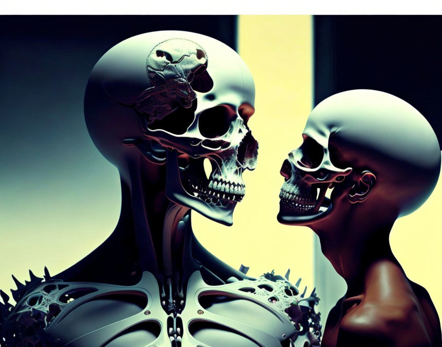 Skeletal humanoid figures with mechanical parts on dual-tone backdrop