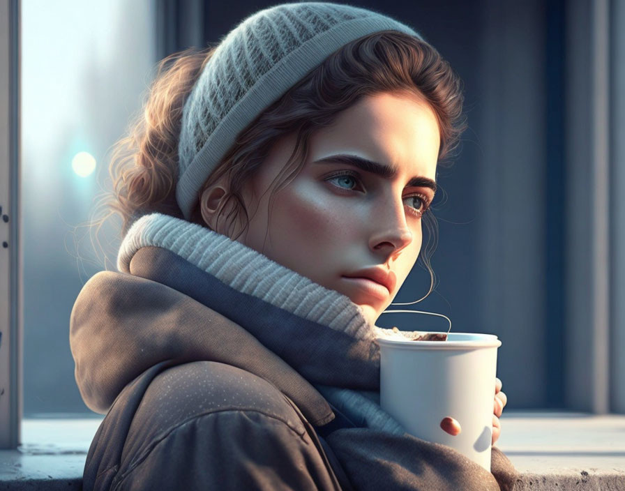 Contemplative woman in winter attire holding a cup in soft sunlight