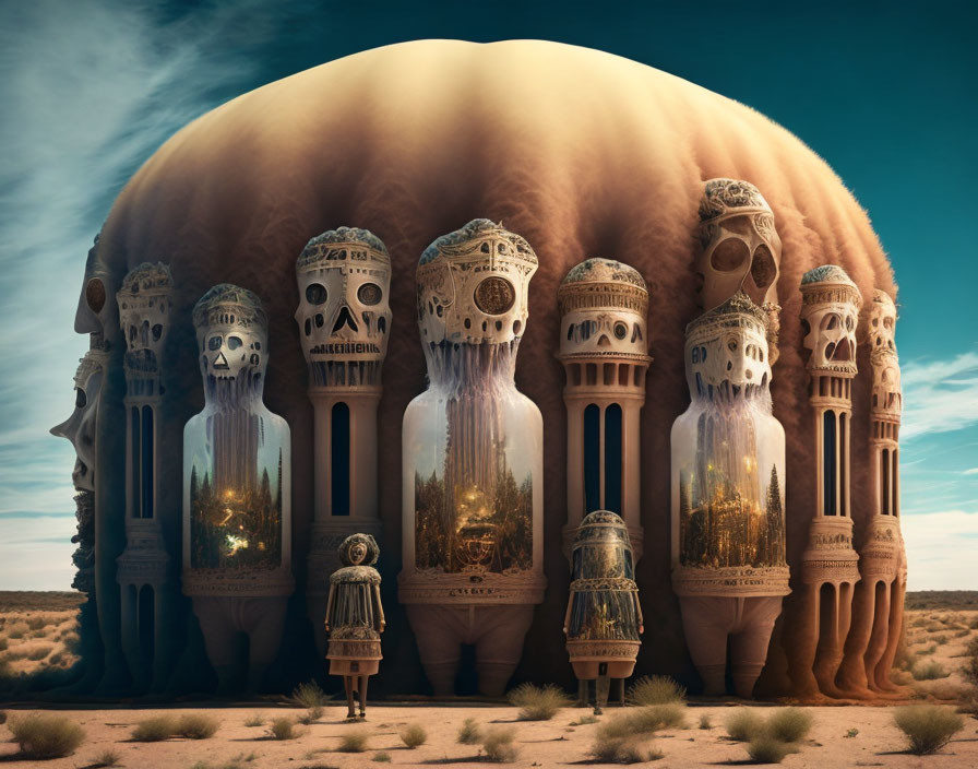 Surreal artwork: Giant skull-like structure with forest towers in desert.