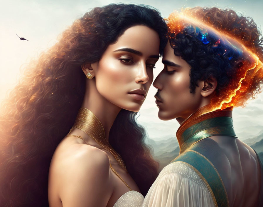 Digital artwork: Woman and man in profile with flowing hair and cosmic elements in a surreal sky