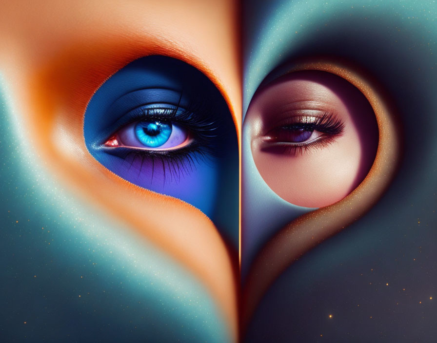 Digital artwork featuring cosmic-themed makeup on two eyes against a starry backdrop