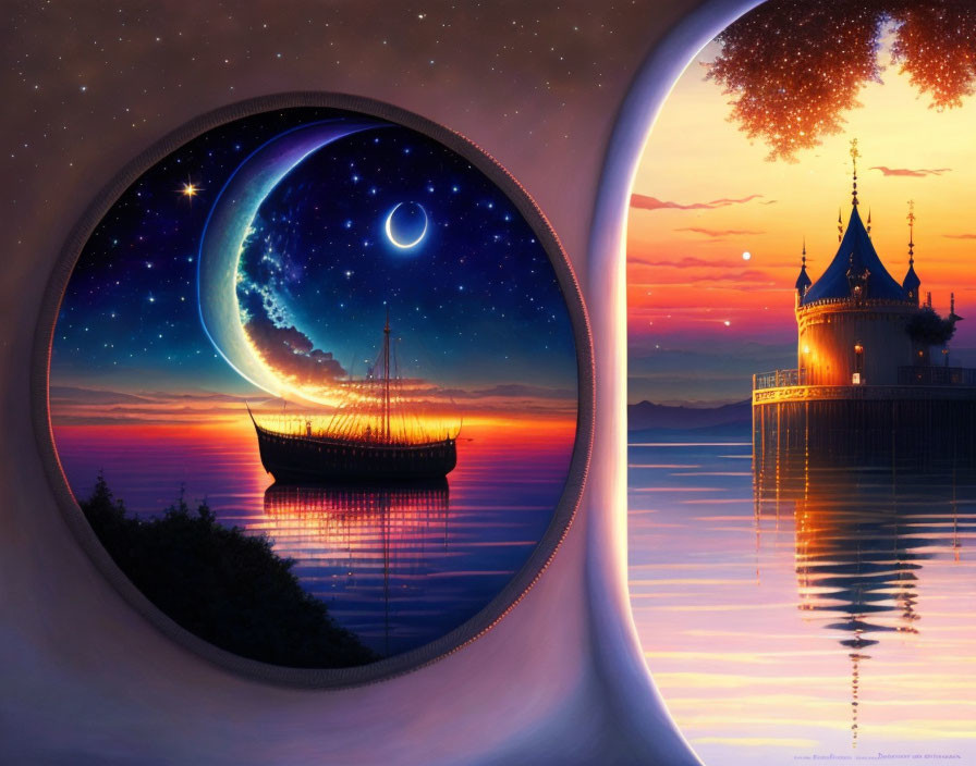 Surreal landscape with sea, moon, ship, castle under twilight sky in circular frame
